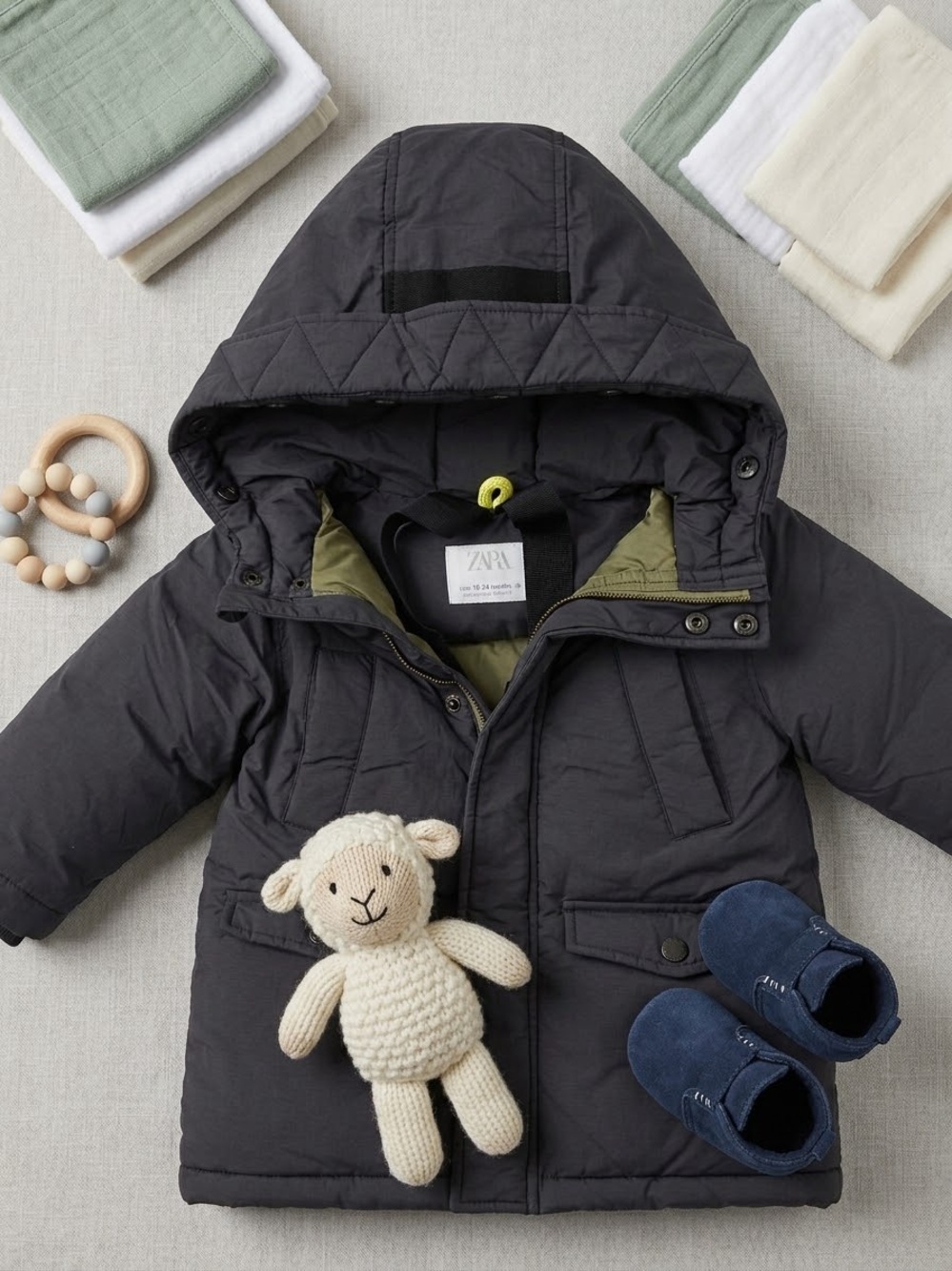 ZARA hooded Baby premium down puffer Black and Olive Green grow Jacket 18-24M